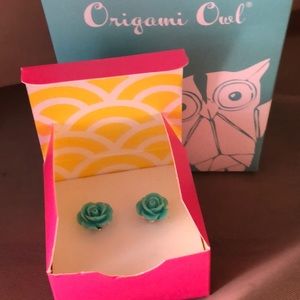Oragami Owl Aqua Rose Stud Earrings